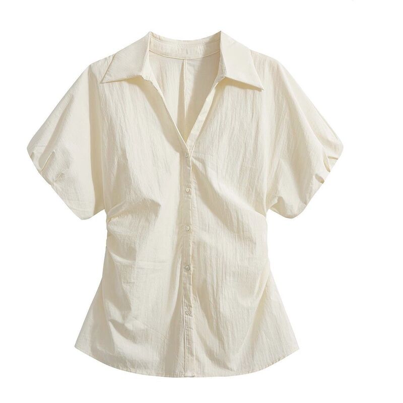 Korean Style Slim Fit Pleated Waist V-Neck Shirt New Age-Reducing Versatile Short-Sleeved Shirt for Women 2025 Summer New Style