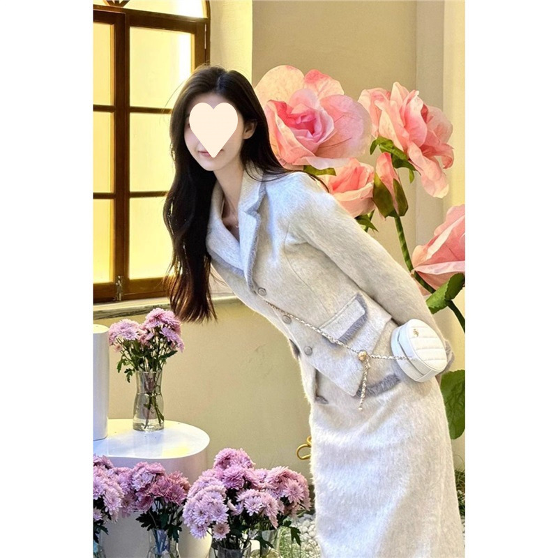 小香风名媛撞色毛呢西装外套半身裙两件套气质富家千金氛围感套装