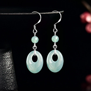 S925 Silver Inlaid Natural A Goods Jade Oval Jade Ring Blue Water Earrings Ice Jade Fashion Women's Earrings