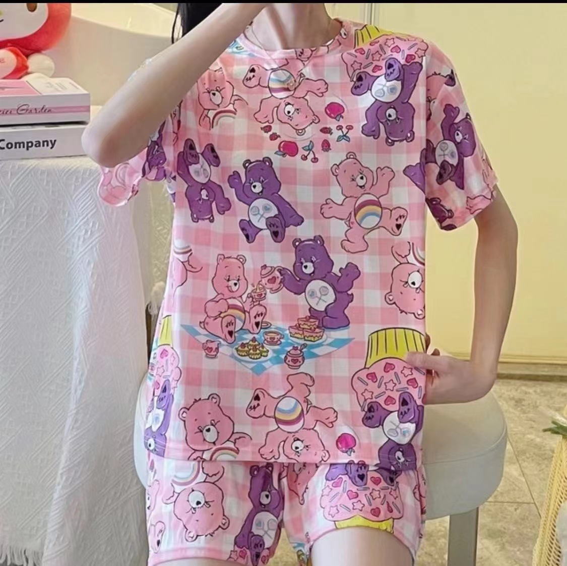 Traje de manga corta - oso morado a cuadros