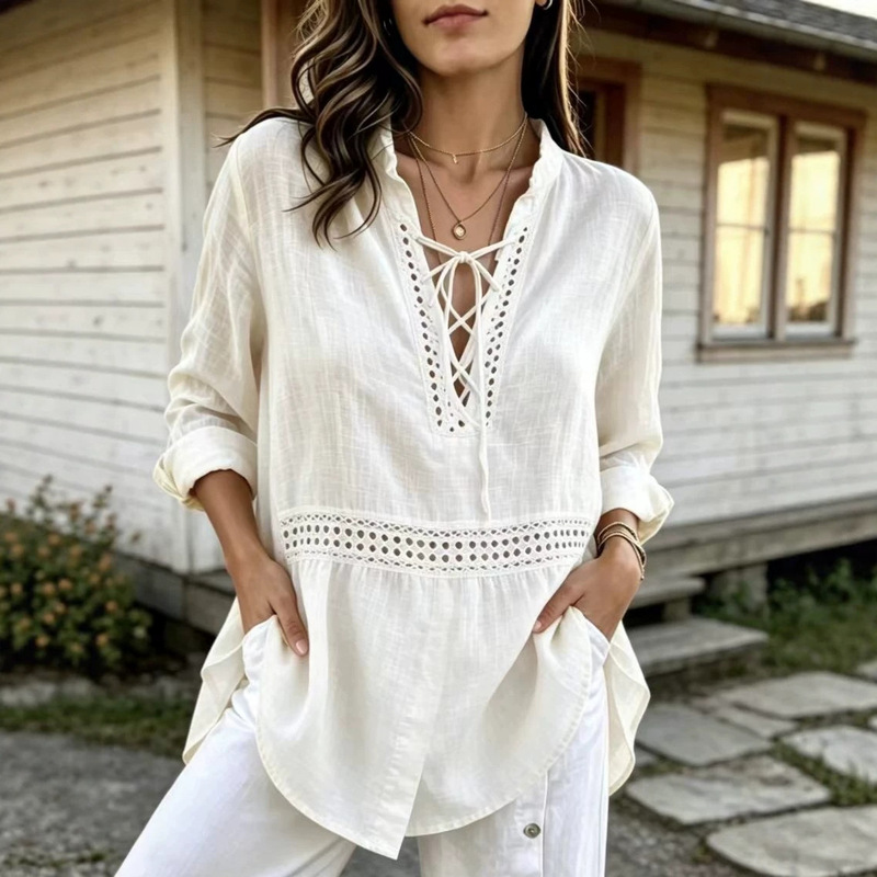 2026 European and American autumn collection: women's loose-fitting, linen-textured, long-sleeved, casual shirt with a hollow-out lace design and tie-up detail, featuring a turn-down collar 2026 European and American autumn collection: women's loose-fitting, linen-textured, long-sleeved, casual shirt with a hollow-out lace design and tie-up detail, featuring a turn-down collar