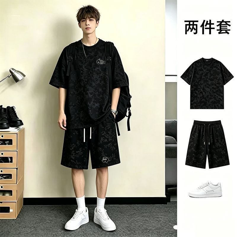 Plus Size Summer Refreshing Tie-Dye Print Suit Set for Men: Loose Short-Sleeve and Shorts, Trendy Casual Two-Piece Set for Young People