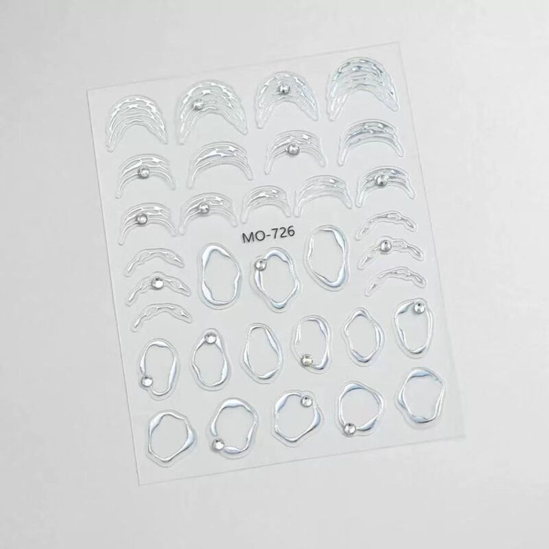 Silver Korean-Style Simple Water Ripple Nail Stickers with Mirror Lines and Rhinestone Design, Self-Adhesive Nail Stickers
