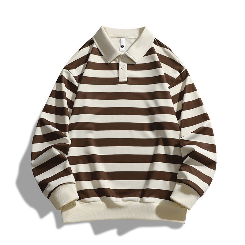クロスボーダーメンズTシャツ春秋ポロストライプスウェットシャツ暖かいゆったり秋ラペル長袖万能長袖Tシャツ|undefined