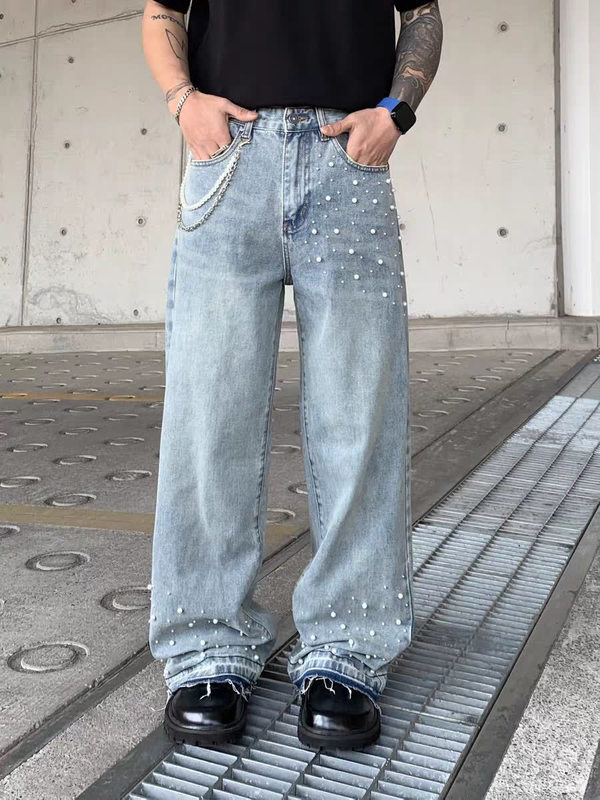 跨境潮牌牛仔裤男夏季新款美式高街潮流珍珠装饰宽松弯刀直筒裤子|undefined