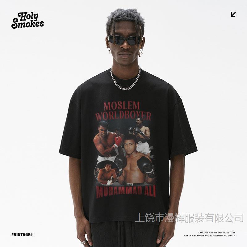 American Style Retro Trendy T-shirt Muhammad Ali Printed Casual Short Sleeve Heavy Half Sleeve Men