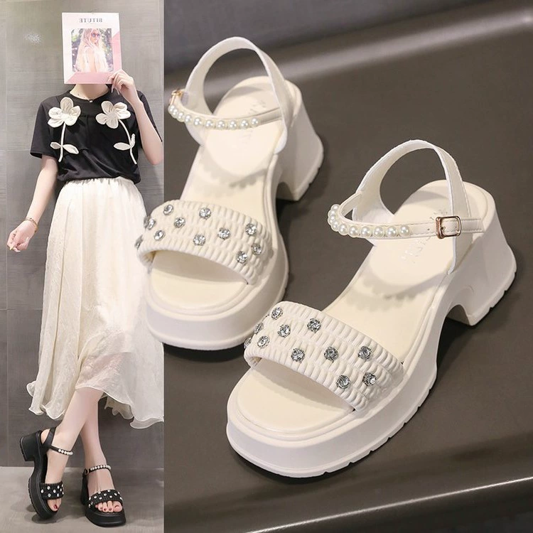 Женские летние сандалии на платформе с толстой подошвой и стразами в стиле фэн-шуй, утягивающие, римские, пляжные, модные, 2025 год