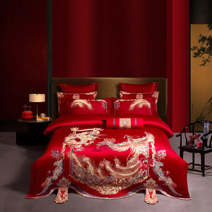 Chinese-Style Dragon and Phoenix Embroidery Pure Cotton Wedding Four-Piece Set, Wedding Quilt, Newlywed Bedding, High-Count Cotton