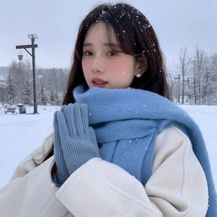 Factory new solid color haze blue scarf women's winter fluffy hair thickened students white students warm scarf