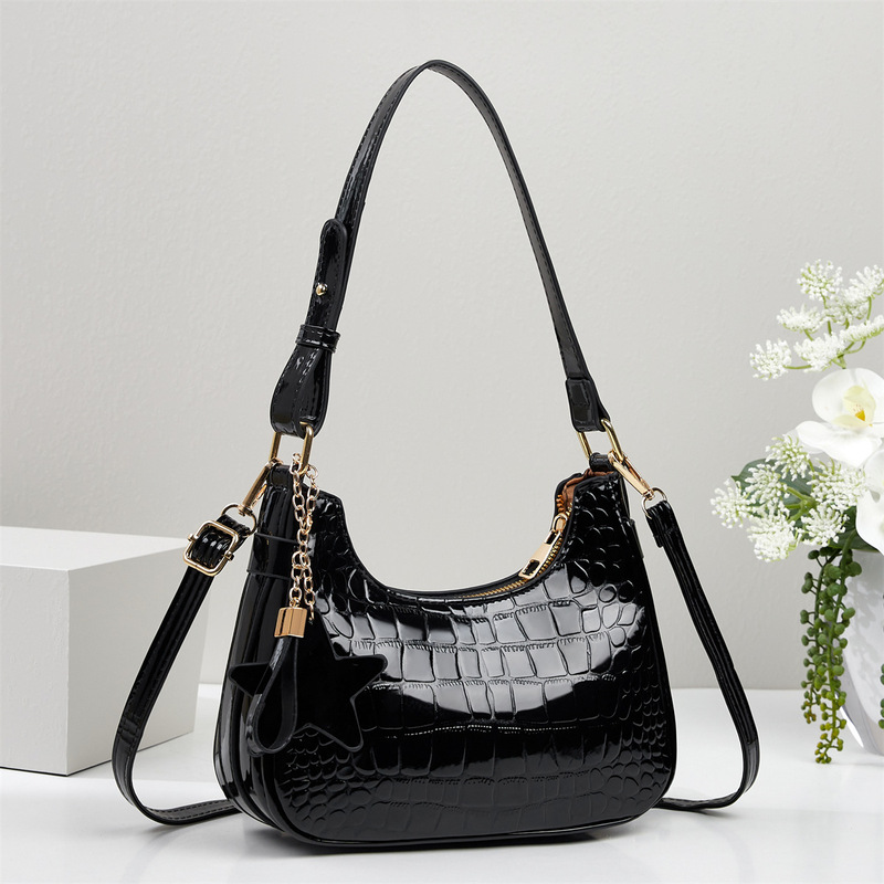 Retro Baguette Bag, Exquisite European and American Style, Summer Brown Shoulder Crossbody Bag, Crocodile Leather Black Bag, Summer Stone Pattern Beauty