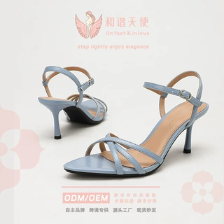 2025新款夏季欧美风尖头百搭优雅细跟高跟鞋交叉带露趾女凉鞋跨境