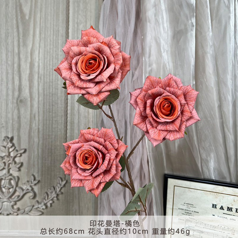 3つのプリントマンタローズ造花、家庭用リビングルーム用シルクフラワー装飾、フラワーアレンジメント、写真撮影小道具|undefined