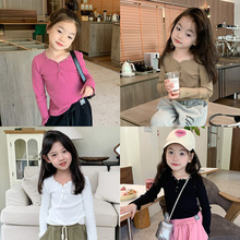 女童修身坑条打底衫2023秋季新款韩版上衣女孩洋气纯色长袖T恤潮