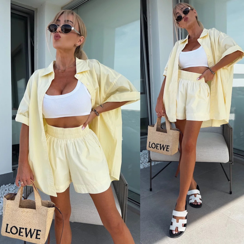 European and American New Style 2026 Spring and Summer Casual Women's Suit Solid Color Short-Sleeved Shirt Elastic Sports Shorts Two-Piece Set