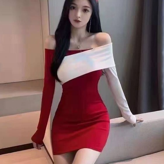 Autumn sexy temperament contrast color stitching off-shoulder long sleeve dress new year Christmas live clothes female anchor dress