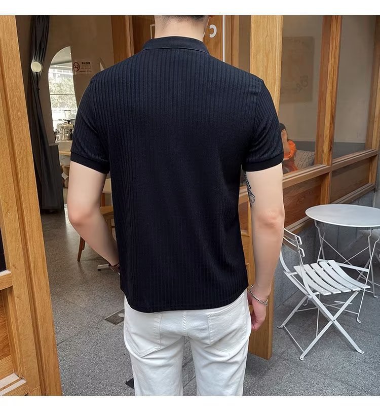 Camicia in polp intrecciato a righe estive 2023 T-shirt in seta di ghiaccio Versatile tinta unita comoda manica corta - stampabile Tiktok_voghion.com