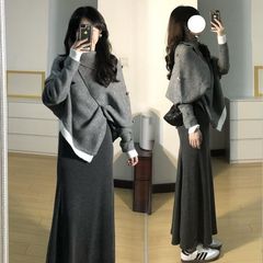 两件/套装韩版2024秋冬复古小个子高领不规则斗篷针织毛衣女+长裙