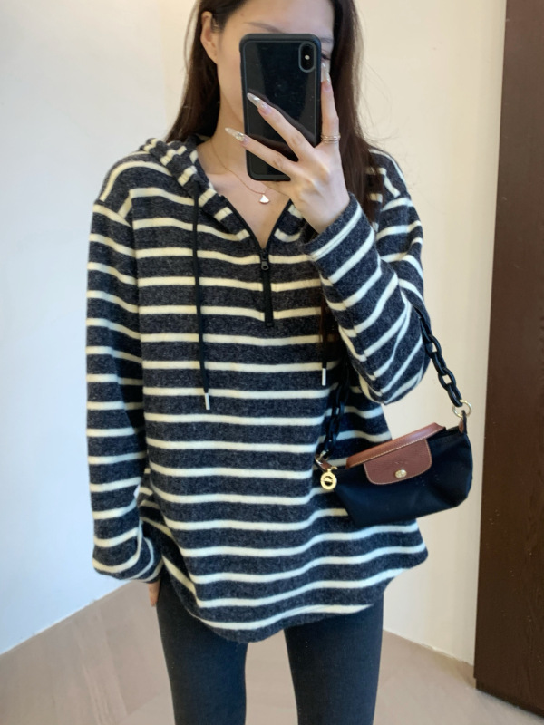 Atmospheric Rabbit Fur Fluffy and Soft Black, Gray, and White Striped Loose-Fit Half-Zip Drop-Shoulder Hoodie G120714