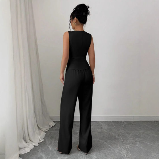 2025 Summer New European and American Amazon Cross-border Women's Solid Color Sleeveless Slim Vest High Waist Trousers Two-piece Set