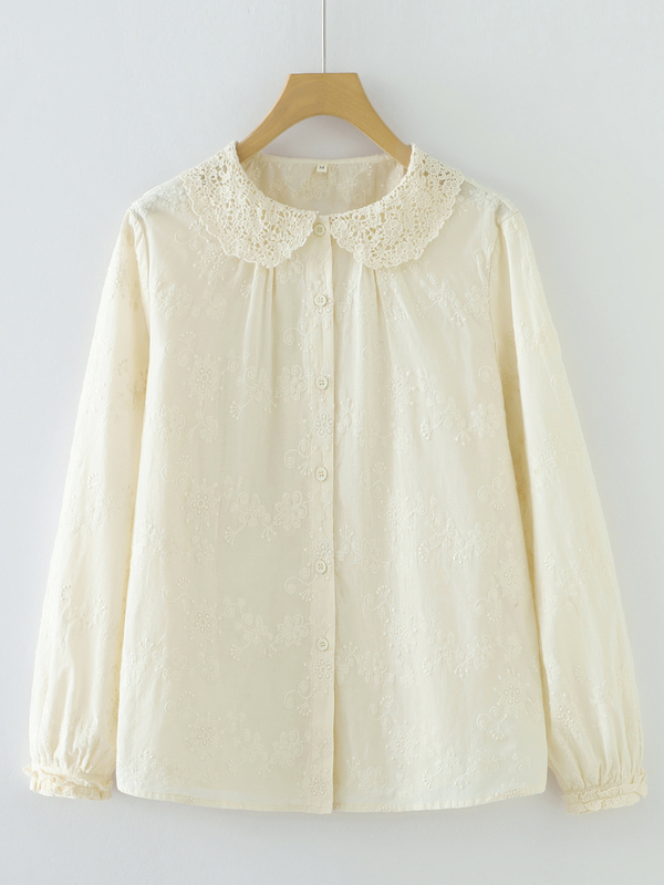 French-Style Artistic Lace Doll Collar Shirt for Women, Long-Sleeved, Exquisite and Stylish, with Embossed Embroidery, Pure Cotton Blouse French-Style Artistic Lace Doll Collar Shirt for Women, Long-Sleeved, Exquisite and Stylish, with Embossed Embroidery, Pure Cotton Blouse