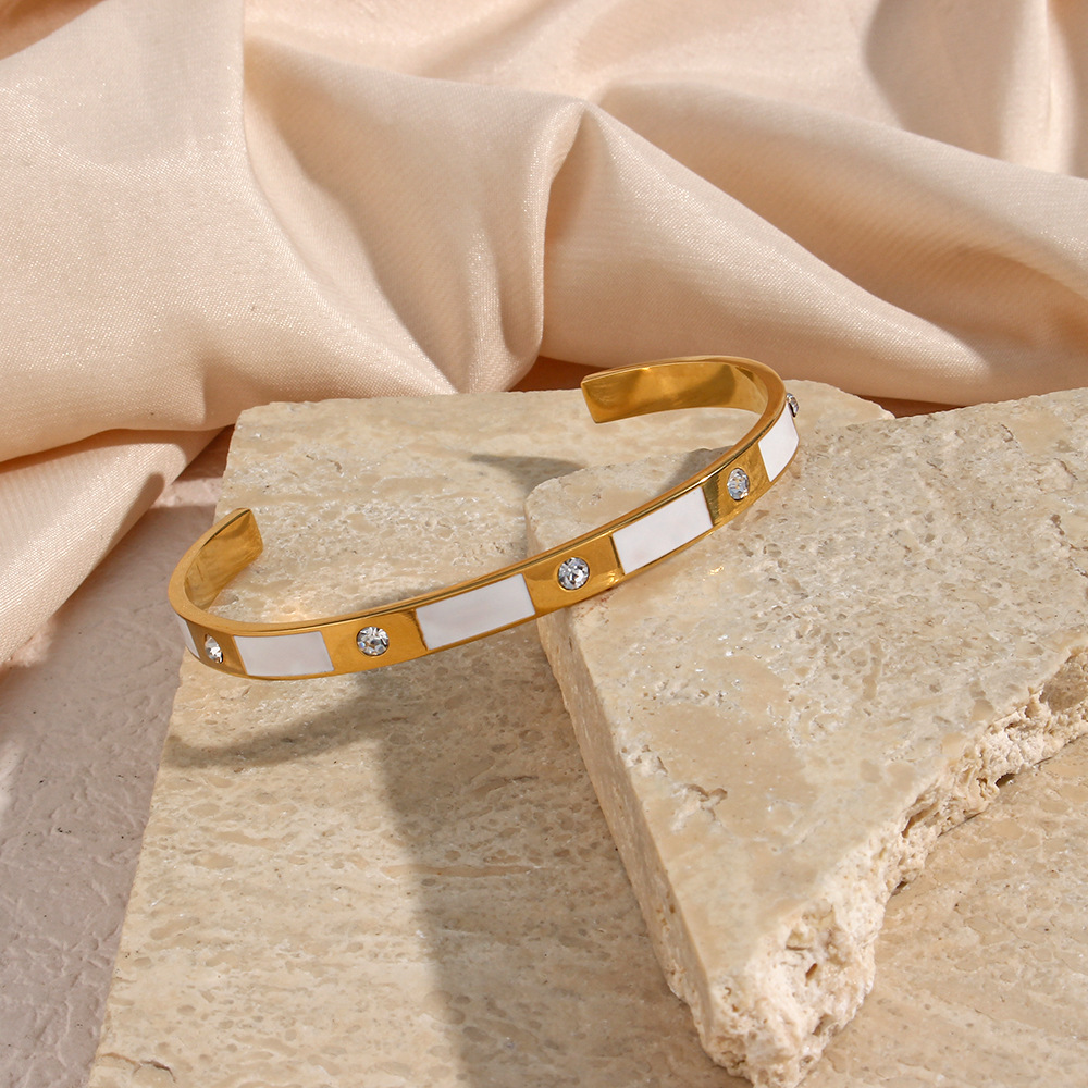 Fashion Stainless Steel 18K Gold Plating Rectangular Zircon Drop Oil Open-Ended Bracelet