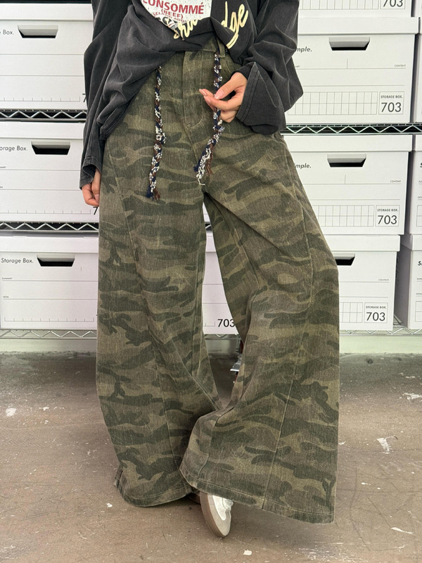 ME KAKAMEE十三行秋美式复古迷彩工装直筒牛仔裤女(配腰带) C0516|undefined