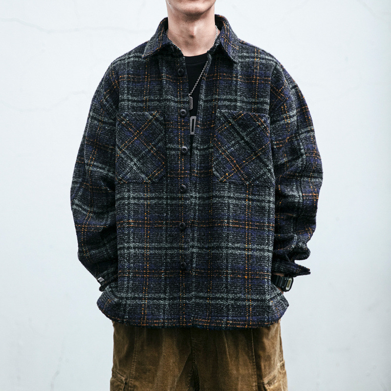 Autumn and Winter Heavy Thickened Plaid Shirt Men's and Japanese Style Fashionable Brand Loose and Handsome Lapel Wool Jacket Fashionable