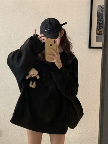 Pocket Bear Sweatshirt Women's Loose Korean Style Mid-Length Spring and Autumn Wear Thin 