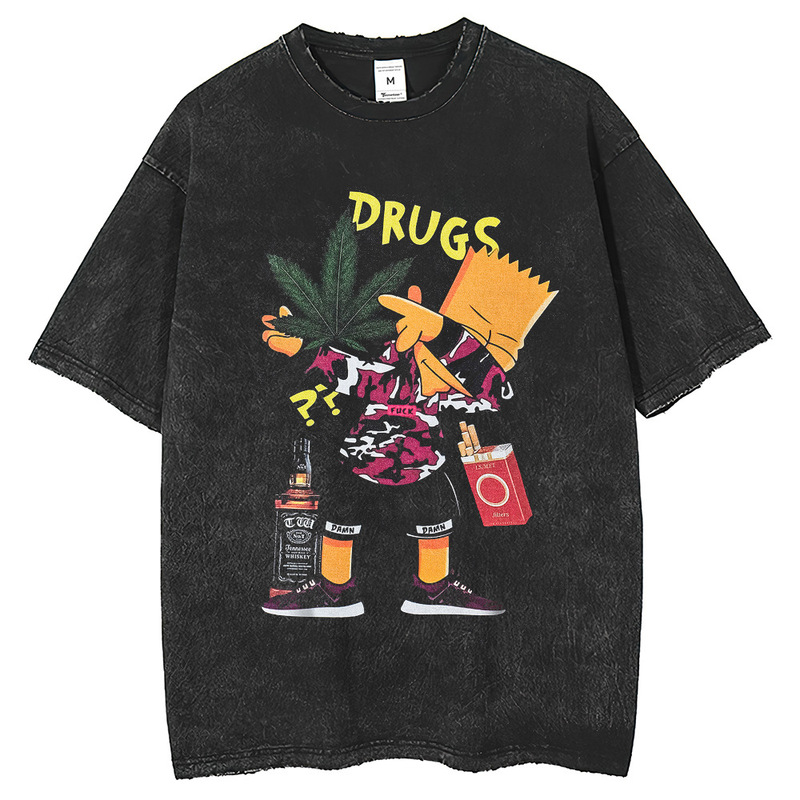 Spring and Summer ReTro Old PrinTed Washed CarToon Simpsons T-shirT ShorT-sleeved American Loose T-shirT for Men and Women