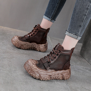 Spring and Summer New Genuine Leather Soft-soled Martin Boots Women's Big-head Mesh Women's Boots Hollow-out Sandals Top-layer Cowhide Casual Ankle Boots