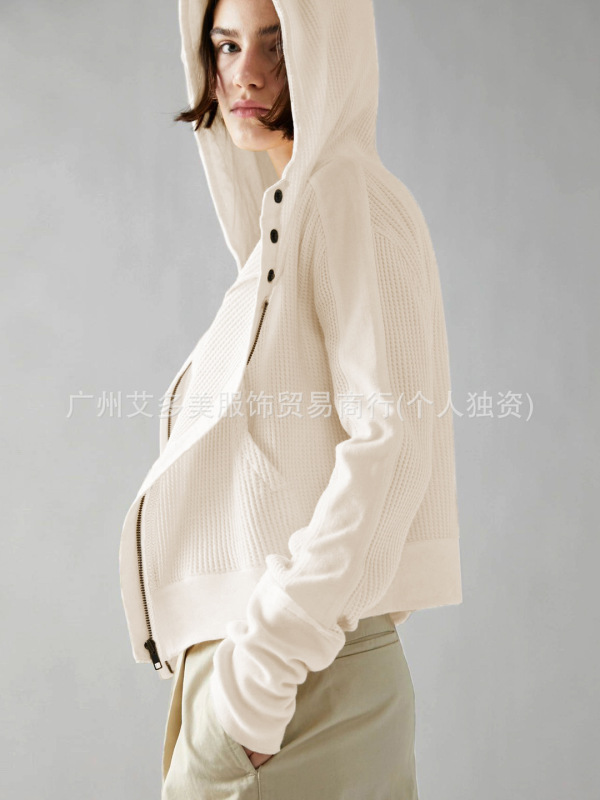 alo夹克拼接华夫格面料连帽开衫卫衣欧美慵懒风拉链连帽衫女外套|undefined