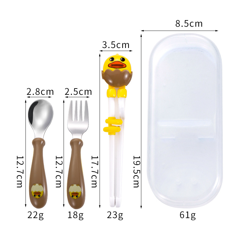 Nuevo acero inoxidable 304 niños dibujos animados palillos de entrenamiento bebé lindo suplemento cuchara tenedor portátil de tres piezas conjunto