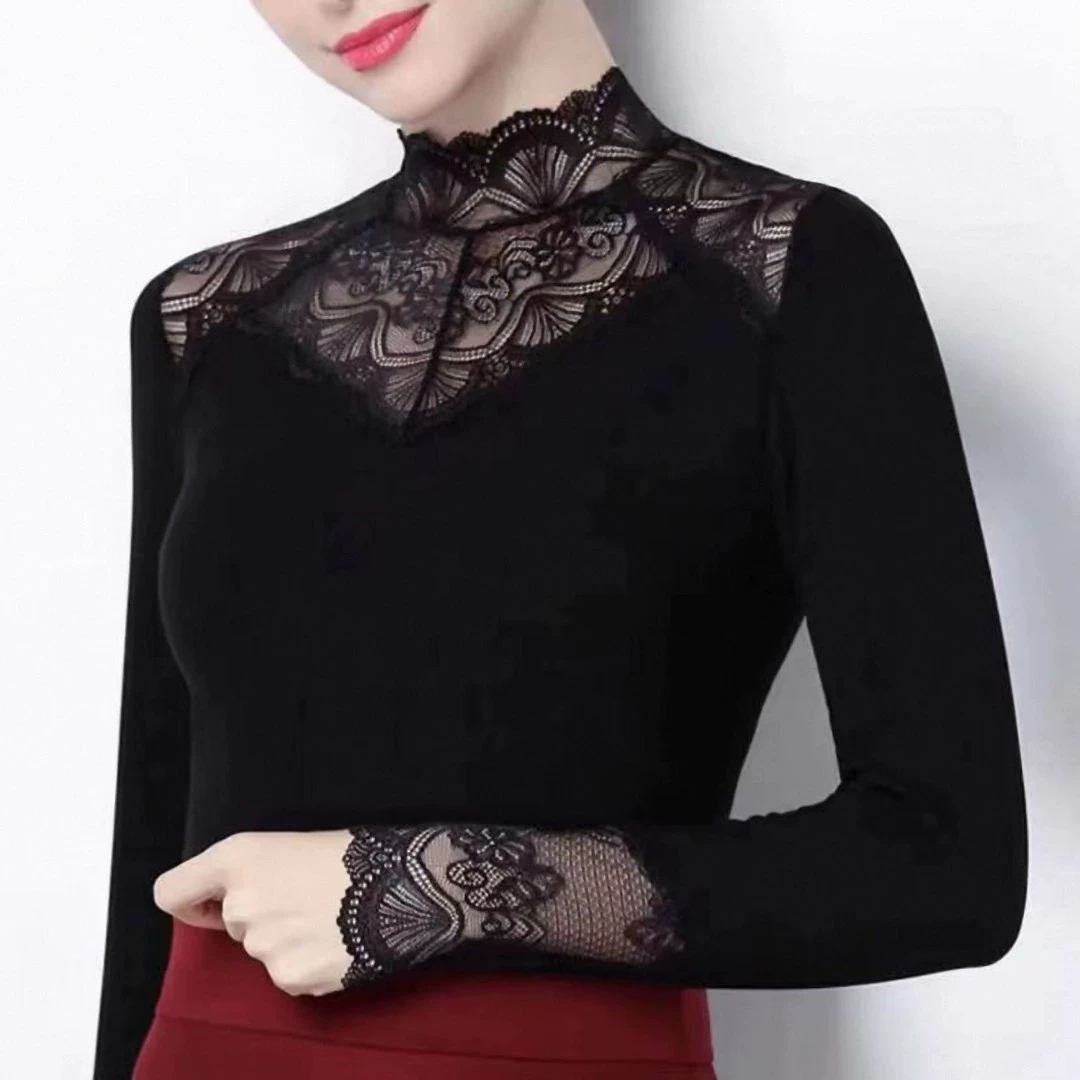 Новая сетчатая пряжа с полым воротником и нижней рубашкой с длинными рукавами