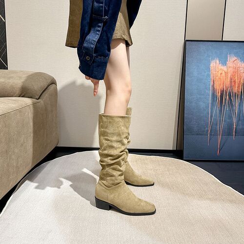 French Retro Chunky Boots Western Cowgirl Boots Autumn Tall Boots for Women Petite Khaki Long Boots