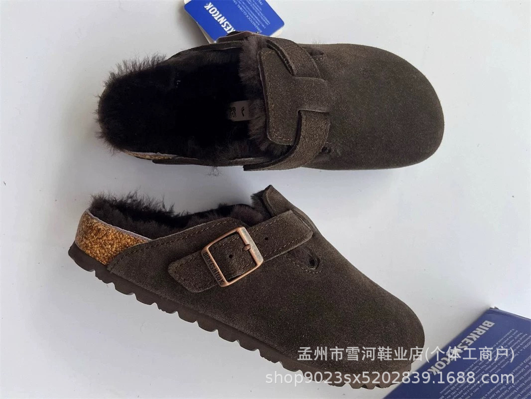 桑坡羊皮一体ビルケンシュトックシューズ レディース ハーフスリッパ 冬 2025年新作 コルク加厚ベルベットコットンシューズ ビルケンスリッパ