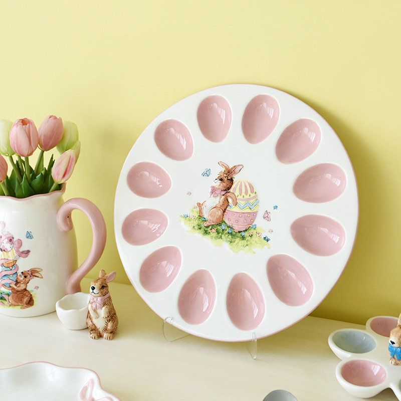 Cerámica de Pascua dibujos animados conejo cubiertos adornos encantadores set de platos para el hogar nuevos productos en stock
