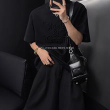 夏季美式新款潮流纯色高级感时尚珍珠字母宽松百搭圆领短袖T情侣