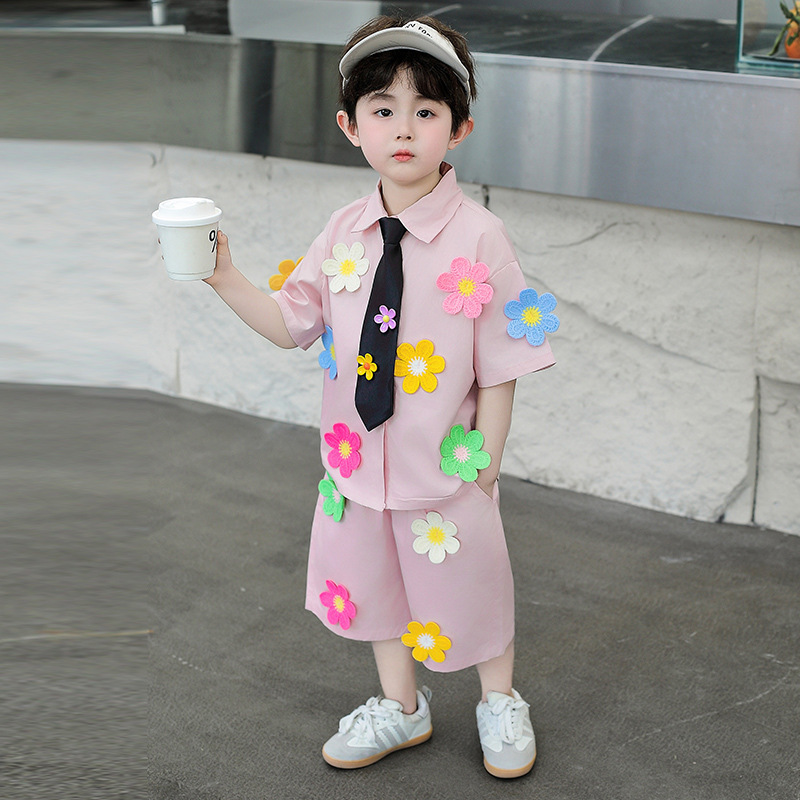 男の子夏半袖スーツ子供服ネクタイシャツスリーピース幼稚園パフォーマンス服卒業写真クラス制服トレンディ|undefined
