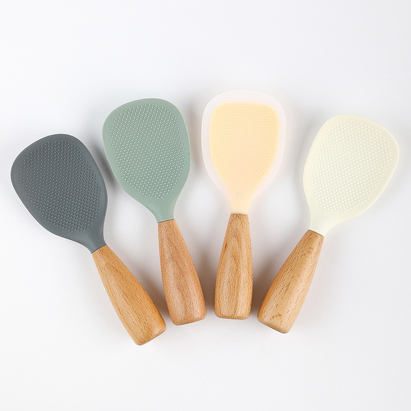 Cuchara de arroz de silicona doméstica, pala de arroz de silicona de grado alimenticio resistente a altas temperaturas, cuchara de arroz vertical no se mancha en stock.