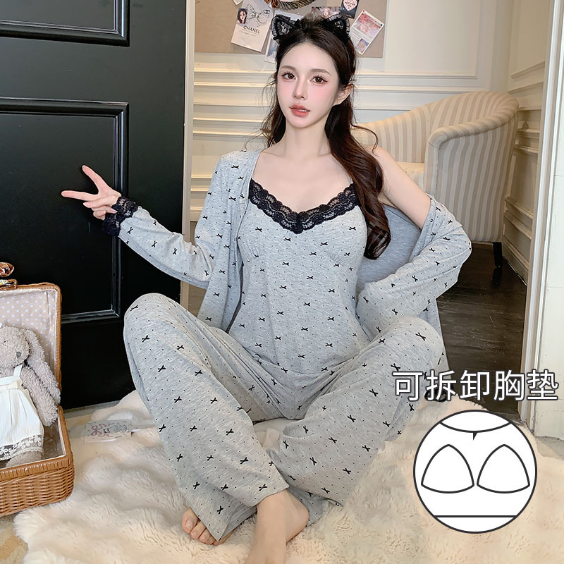 2025秋冬の新型は、取り外し可能な胸パッド付きのパジャマ女性モーダルカジュアルで痩せた家庭服セットの3点セットです。|undefined