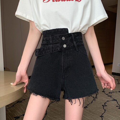 Large size women's dress, hot girl, black high-waist denim shorts, summer fat sister, loose and slimming A-line wide-leg pants, trendy