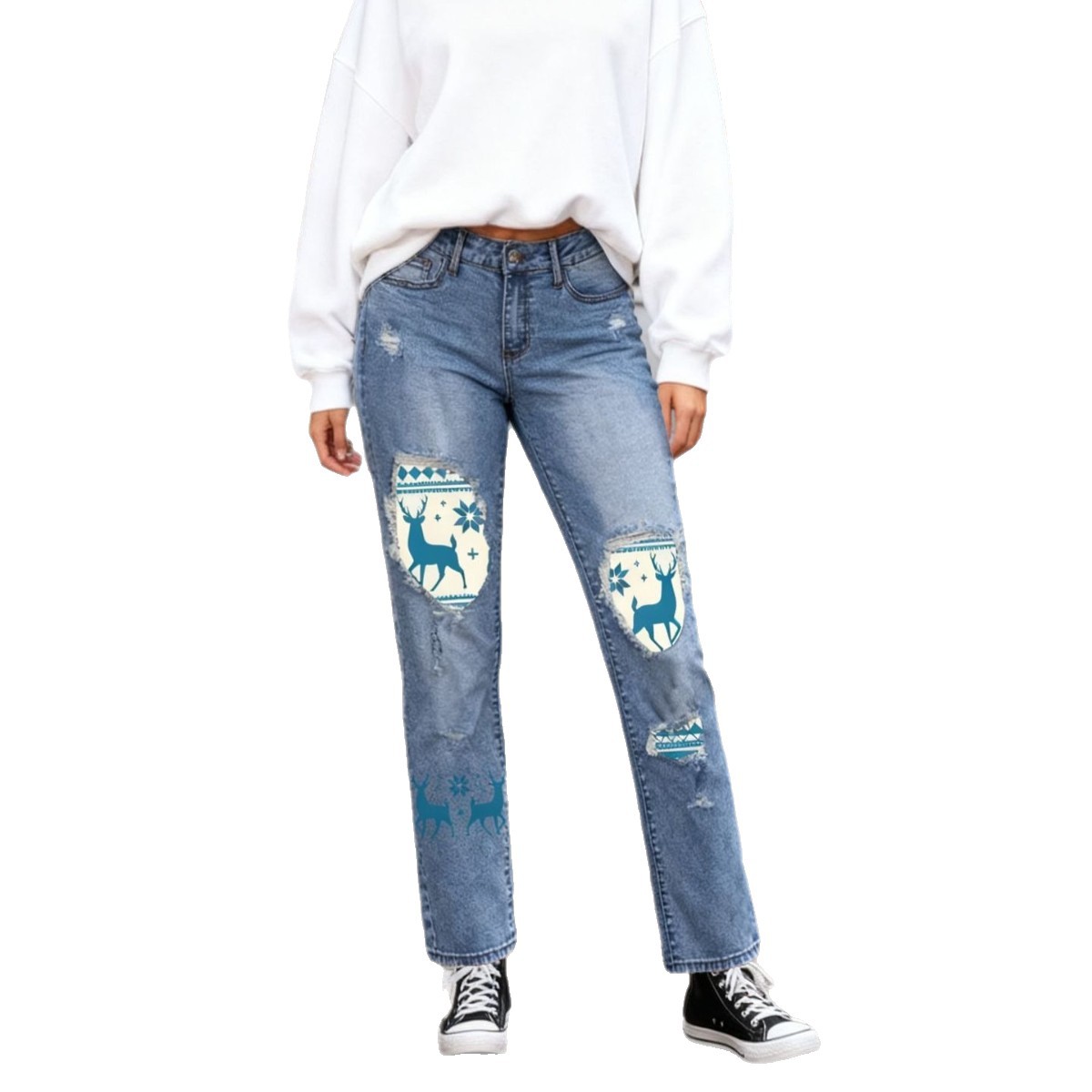 欧美跨境高品质亚马逊独立站冬季圣诞节印花破洞女装中腰牛仔裤