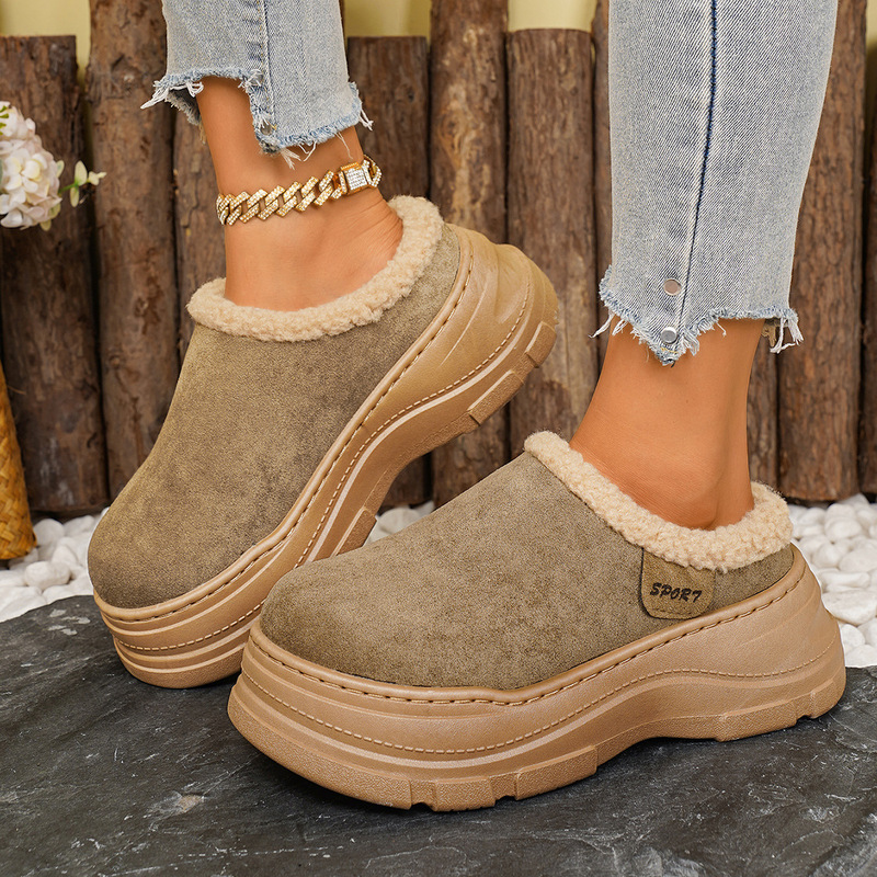 Retro Fur Snow Boots for Outdoor Wear, Height-Increasing Birkenstock 2025 Autumn New Warm Thick-Soled Plush Closed-Toe Mules