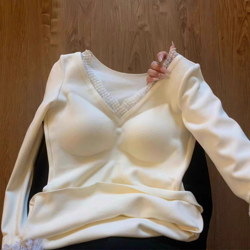 Thermal Underwear with Chest Pads, Winter Autumn Tops, German Velvet White Lace V Neck Thickeneded Bottoming Shirts Thermal Underwear with Chest Pads, Winter Autumn Tops, German Velvet White Lace V Neck Thickeneded Bottoming Shirts