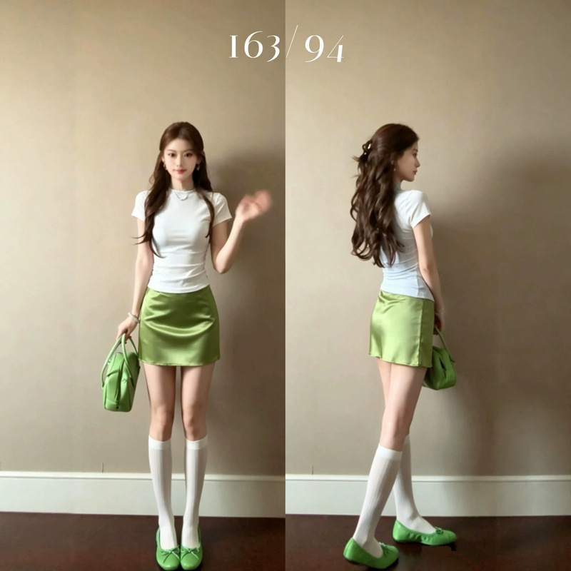 Slim-Fit Satin Hip-Hugging Short Skirt for Women, Summer Korean Style Outfit, 2026 New Green Acetate Skirt, Slimming Set