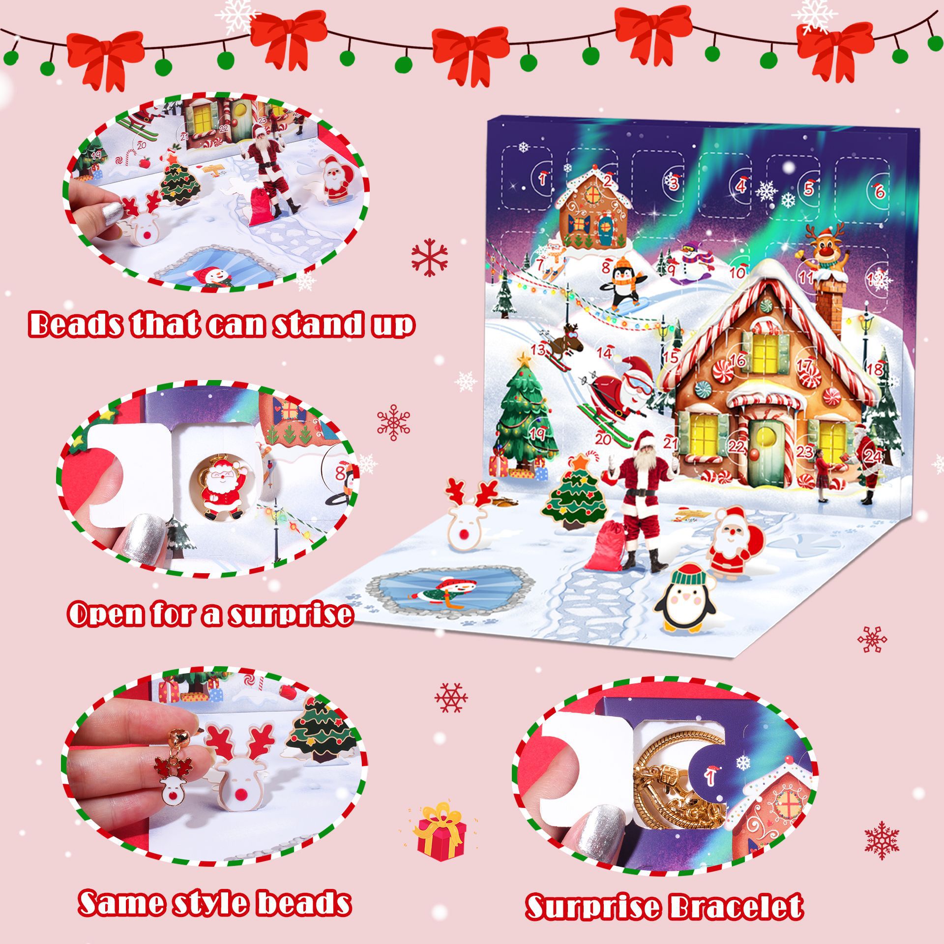 Weihnachtsschmuckherstellung, handgefertigtes DIY-Perlenarmband-Set für Kinder, 24-Raster, Weihnachts-Countdown-Blindbox, Armband, Schmuck-Geschenkbox_voghion.com