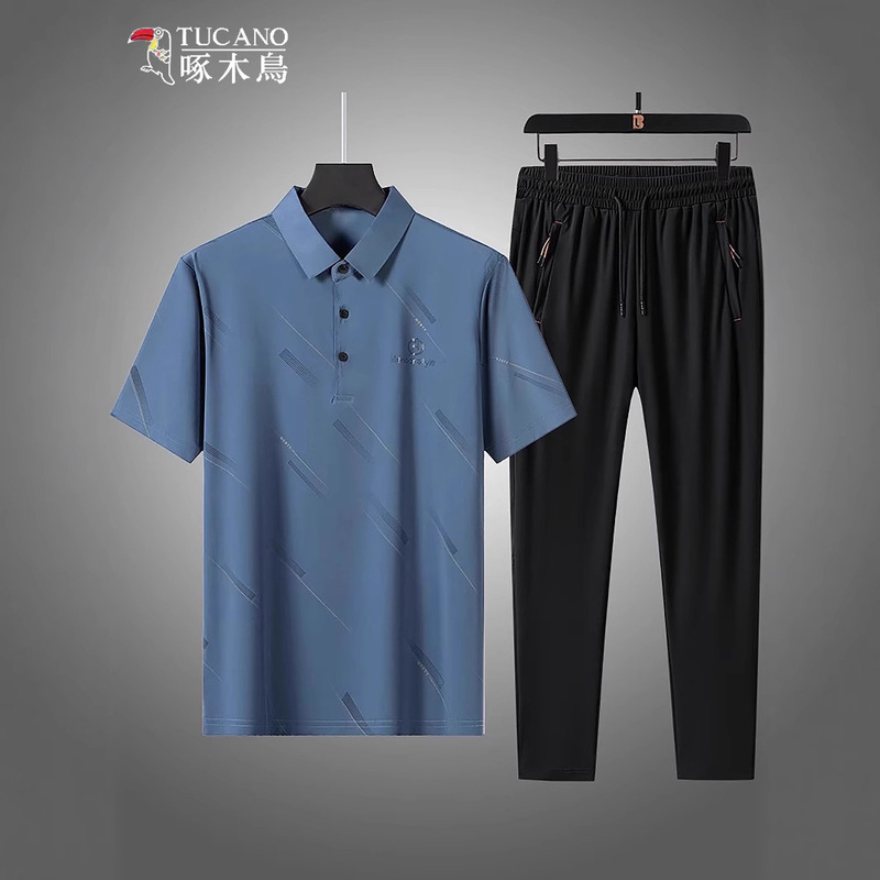 Woodpecker Dad Summer Ice Silk Quick-Drying Short-Sleeved Suit Middle-Aged Men's Casual New Summer T-Shirt Two-Piece Set