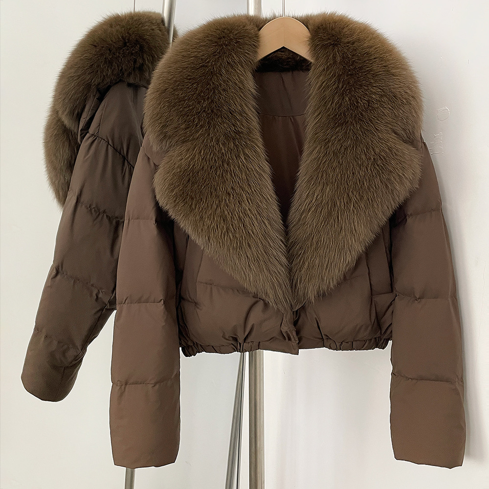 Elegant Short Down Jacket With Fox Fur Trim – Slim-Fit Winter Coat For Women, Detachable Hood & High-End Styling (Black/Brown Options, S/M Sizes)_voghion.com
