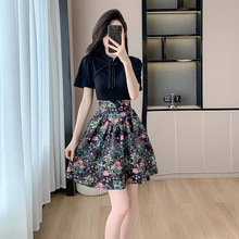 夏季新款新中式连衣裙拼接假两件收腰显瘦蓬蓬裙气质名媛风小黑裙