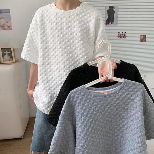 Men's 2025 Half-Sleeve Ins Trendy Loose 5-Button Collared T-Shirt with Hong Style Honeycomb Pattern